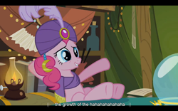 Size: 1024x640 | Tagged: safe, screencap, pinkie pie, earth pony, pony, it's about time, hooves on the table, madame pinkie, turban, youtube caption