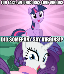 Size: 625x721 | Tagged: safe, derpibooru import, edit, edited screencap, screencap, rarity, twilight sparkle, classical unicorn, pony, unicorn, bend over, caption, comic, female, hub logo, leonine tail, mare, mythology, virgin