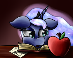 Size: 1000x800 | Tagged: safe, artist:ferasor, princess luna, alicorn, pony, apple, book, bored, floppy ears, solo