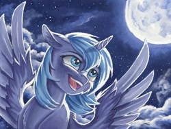 Size: 640x480 | Tagged: safe, artist:the-wizard-of-art, princess luna, alicorn, pony, cloud, cloudy, flying, looking up, moon, night, pretty, s1 luna, sky, smiling, solo, spread wings, wings