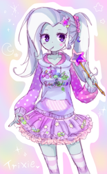 Size: 496x800 | Tagged: safe, artist:weiliy, derpibooru import, trixie, equestria girls, alternate hairstyle, clothes, cute, diatrixes, hoodie, pigtails, pixiv, skirt, socks, solo, striped socks, wand, zettai ryouiki