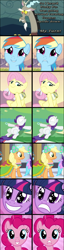 Size: 500x1968 | Tagged: safe, derpibooru import, applejack, discord, fluttershy, pinkie pie, rainbow dash, rarity, twilight sparkle, earth pony, pegasus, pony, unicorn, comic, frown, mane six, smiling