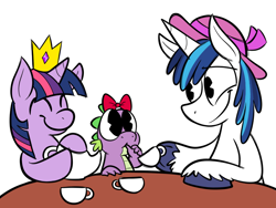 Size: 800x600 | Tagged: safe, artist:karpet-shark, shining armor, spike, twilight sparkle, unicorn twilight, dragon, pony, unicorn, baby, baby dragon, baby spike, bow, clawsucking, colt, crown, cute, daaaaaaaaaaaw, equestria's best big brother, eyes closed, female, filly, filly twilight sparkle, food, hat, karpet-shark is gonna kill us all, lidded eyes, male, mama twilight, mrs nesbitt, ribbon, shining adorable, simple background, smiling, spikabetes, table, tea, tea kettle, tea party, teacup, teapot, tumblr, twiabetes, twilight wants to be a princess, twily-daily, white background, wide eyes, younger