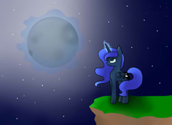 Size: 1500x1100 | Tagged: safe, artist:lunarllub, princess luna, alicorn, pony, cliff, magic, moon, moon work, night, solo