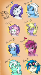 Size: 703x1280 | Tagged: safe, artist:kaemantis, derpibooru import, dinky hooves, dj pon-3, lyra heartstrings, minuette, rarity, ruby pinch, sweetie belle, trixie, vinyl scratch, anthro, goggles, jaded pinch