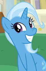 Size: 703x1069 | Tagged: safe, derpibooru import, screencap, trixie, pony, unicorn, road to friendship, cropped, cute, diatrixes, female, grin, mare, sitting, smiling, solo