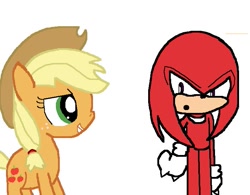 Size: 707x551 | Tagged: dead source, safe, artist:darkcruisebronystyle, applejack, earth pony, pony, appleknux, crossover, crossover shipping, female, interspecies, knuckles the echidna, male, shipping, simple background, sonic the hedgehog (series), straight