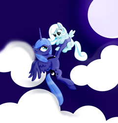 Size: 1376x1432 | Tagged: safe, artist:nightcoreamera, princess luna, oc, oc:snowdrop, alicorn, pony, flying, good end, s1 luna