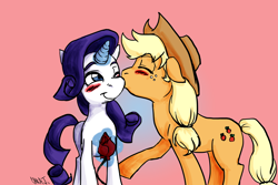 Size: 5400x3600 | Tagged: safe, artist:silent-nona-light, applejack, rarity, earth pony, pony, unicorn, blushing, female, kissing, lesbian, rarijack, rose, shipping