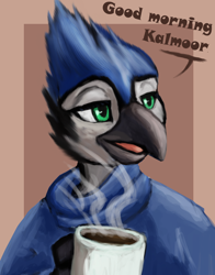 Size: 1214x1550 | Tagged: safe, artist:shumey, derpibooru import, oc, oc only, griffon, bluejay griffon, coffee, griffon oc, lidded eyes, morning, mug, naarkerotics, rise, solo, speech