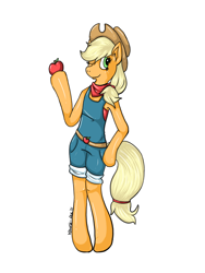 Size: 600x800 | Tagged: safe, artist:sharkyteef, applejack, anthro, unguligrade anthro, apple, food, simple background, solo, wink