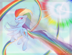 Size: 1280x985 | Tagged: safe, artist:probablyfakeblonde, rainbow dash, pegasus, pony, flying, rainbow trail, solo, sonic rainboom