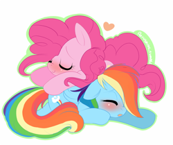 Size: 852x712 | Tagged: safe, artist:shineymagic, pinkie pie, rainbow dash, earth pony, pegasus, pony, female, heart, lesbian, pinkiedash, shipping, sleeping