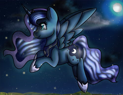 Size: 3500x2700 | Tagged: safe, artist:juniormintotter, princess luna, alicorn, firefly (insect), pony, flying, full moon, night, solo