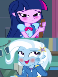 Size: 329x436 | Tagged: safe, derpibooru import, edit, trixie, twilight sparkle, better together, equestria girls, equestria girls (movie), forgotten friendship, blushing, female, lesbian, shipping, twixie, wrong aspect ratio