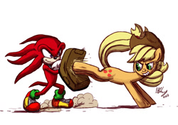 Size: 1024x722 | Tagged: safe, artist:projectzuel, applejack, earth pony, pony, appleknux, crossover, crossover shipping, female, interspecies, knuckles the echidna, male, shipping, sonic the hedgehog (series), straight