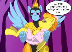 Size: 1015x730 | Tagged: safe, artist:mlpendlessnight, rainbow dash, spitfire, pegasus, pony, annoyed, clothes, crossover, dialogue, doctor girlfriend, holding a pony, speech bubble, the monarch, the venture bros., wingboner