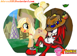 Size: 900x654 | Tagged: safe, artist:maroxxiii, applejack, earth pony, pony, appleknux, crossover, crossover shipping, female, interspecies, knuckles the echidna, love, male, shipping, sonic the hedgehog (series), straight