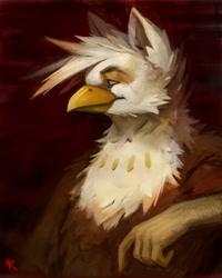 Size: 1023x1280 | Tagged: safe, artist:refegi, derpibooru import, oc, oc only, oc:ember burd, griffon, bust, commission, eared griffon, griffon oc, painting, portrait, solo