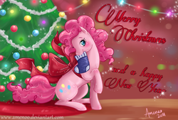 Size: 1800x1218 | Tagged: safe, artist:amenoo, pinkie pie, earth pony, pony, christmas, ribbon, solo