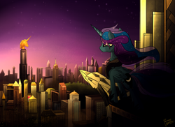 Size: 2507x1822 | Tagged: safe, artist:pedrohander, princess luna, alicorn, pony, city, colored, crystaller building, female, manehattan, mare, solo