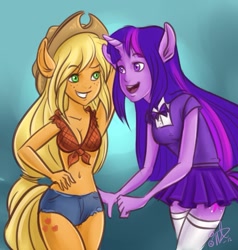 Size: 749x787 | Tagged: safe, artist:uppun, derpibooru import, applejack, twilight sparkle, anthro, ambiguous facial structure, belly button, cleavage, clothes, female, front knot midriff, midriff, skirt