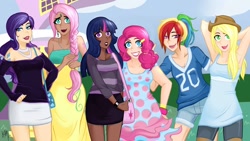 Size: 1280x724 | Tagged: safe, artist:emberfan11, derpibooru import, applejack, fluttershy, pinkie pie, rainbow dash, rarity, twilight sparkle, bag, clothes, dark skin, dress, ear piercing, earring, female, humanized, jewelry, mane six, piercing, shorts, skirt