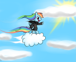 Size: 1037x849 | Tagged: safe, artist:kiyoshiii, rainbow dash, pegasus, pony, bipedal, clothes, cloud, cloudy, female, flying, headphones, hoodie, mare, open mouth, pointing, signature, sky, solo, sun