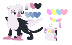 Size: 832x516 | Tagged: safe, artist:latiapainting, derpibooru import, oc, oc only, oc:garu, bird, griffon, bicolor, blue eyes, griffon oc, not gay, pansexual, pansexual pride flag, pride, redesign, reference, reference sheet, solo