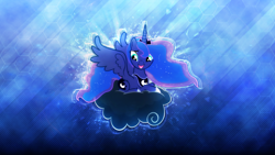Size: 2560x1440 | Tagged: safe, artist:shaakuras, artist:somepony, princess luna, alicorn, pony, luna eclipsed, abstract background, blue background, cloud, cloudy, cutie mark, female, happy, hooves, horn, jewelry, lying on a cloud, mare, on a cloud, open mouth, prone, regalia, sitting on cloud, solo, spread wings, tiara, vector, wallpaper, wings