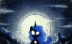 Size: 600x369 | Tagged: safe, artist:hewison, princess luna, alicorn, pony, glowing eyes, moon, solo