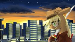 Size: 1920x1080 | Tagged: safe, artist:reikomuffin, applejack, earth pony, pony, city, female, samurai, solo, sword, weapon