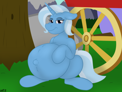 Size: 1280x960 | Tagged: safe, artist:theimmortalwolf, derpibooru import, trixie, pony, unicorn, belly, big belly, female, floppy ears, looking at you, mare, outie belly button, pregnant, smiling, trixie's wagon, wheel