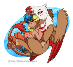 Size: 1024x938 | Tagged: safe, artist:inuhoshi-to-darkpen, derpibooru import, oc, oc only, oc:neon sword, oc:scarlet, earth pony, griffon, pony, abstract background, chest fluff, couple, cuddling, duo, ear fluff, female, griffon oc, interspecies, male, oc x oc, one eye closed, open mouth, patreon, patreon logo, paw pads, paws, realistic horse legs, shipping, simple background, straight, transparent background, underhoof, underpaw