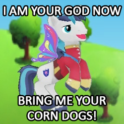 Size: 286x286 | Tagged: safe, shining armor, alicorn, pony, unicorn, friendship is witchcraft, clear the skies, clothes, corndog, gameloft, glimmer wings, i am your god now bring me your virgins, image macro, solo, wings