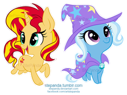 Size: 700x525 | Tagged: safe, artist:stepandy, derpibooru import, sunset shimmer, trixie, pony, unicorn, chibi, cute, diatrixes, looking up, open mouth, raised hoof, running, shimmerbetes, simple background, smiling, transparent background