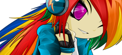 Size: 1258x569 | Tagged: safe, artist:bonebreaker99, rainbow dash, clothes, female, humanized, multicolored hair, simple background