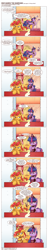 Size: 1224x6425 | Tagged: safe, artist:saturdaymorningproj, derpibooru import, sunset shimmer, twilight sparkle, twilight sparkle (alicorn), alicorn, griffon, pony, comic:who guards the guardians, alicornified, balcony, blushing, comic, crown, female, floppy ears, griffon oc, jewelry, mare, race swap, regalia, shimmercorn