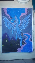 Size: 2340x4160 | Tagged: safe, artist:f0x1e, princess luna, alicorn, pony, flying, night, solo, traditional art