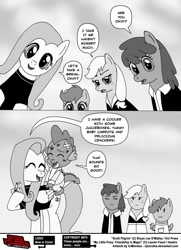 Size: 780x1076 | Tagged: safe, artist:vjmorales, applejack, berry punch, berryshine, fluttershy, scootaloo, spike, dragon, earth pony, pegasus, pony, comic, monochrome, scott pilgrim vs the world