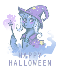 Size: 2480x2995 | Tagged: safe, artist:mscootaloo, derpibooru import, trixie, pony, unicorn, blushing, halloween, holiday, sketch, smiling, solo, wand