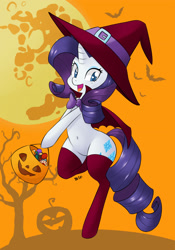 Size: 1500x2142 | Tagged: safe, artist:hidden-cat, rarity, pony, unicorn, beauty mark, belly button, bipedal, bow, candy, cape, clothes, costume, halloween, hat, holiday, jack-o-lantern, mare in the moon, nightmare night, nightmare night costume, pumpkin bucket, socks, solo, thigh highs, trick or treat, witch, witch hat