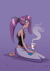 Size: 1280x1831 | Tagged: safe, artist:herny, princess luna, human, barefoot, clothes, coffee, feet, hair over one eye, humanized, luna-afterdark, ponytail, scrunchie, solo, sweatpants