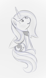 Size: 488x826 | Tagged: dead source, safe, artist:spaerk, princess luna, alicorn, pony, monochrome, s1 luna, simple background, sitting, sketch, solo