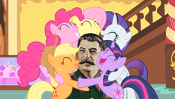 Size: 900x506 | Tagged: safe, artist:federalelephant, derpibooru import, applejack, fluttershy, pinkie pie, rarity, twilight sparkle, human, group hug, happy, hug, josef stalin