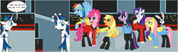 Size: 1874x549 | Tagged: safe, artist:cartoonlion, angel bunny, applejack, fluttershy, pinkie pie, rainbow dash, rarity, shining armor, twilight sparkle, earth pony, pegasus, pony, unicorn, spoiler:comic, clumsy, exploitable meme, mane six, meme, screaming armor, star trek, uss enterprise