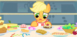 Size: 405x198 | Tagged: safe, screencap, applejack, earth pony, pony, a bird in the hoof, animated, food, hatless, hors d'oeuvre, indecision, loop, missing accessory, napkin, open mouth, salad, sandwich, solo