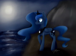 Size: 4500x3300 | Tagged: safe, artist:zyncrus, princess luna, alicorn, pony, beach, digital art, moon, night, signature, solo