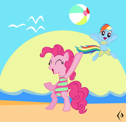 Size: 3955x3840 | Tagged: safe, artist:psychedelicskooma, pinkie pie, rainbow dash, earth pony, pegasus, pony, beach, beach ball, bikini, clothes, cute, high res, one-piece swimsuit, swimsuit