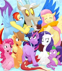 Size: 900x1035 | Tagged: safe, artist:zimeta, derpibooru import, applejack, discord, fluttershy, pinkie pie, rainbow dash, rarity, spike, twilight sparkle, dragon, earth pony, pegasus, pony, unicorn, mane seven, mane six